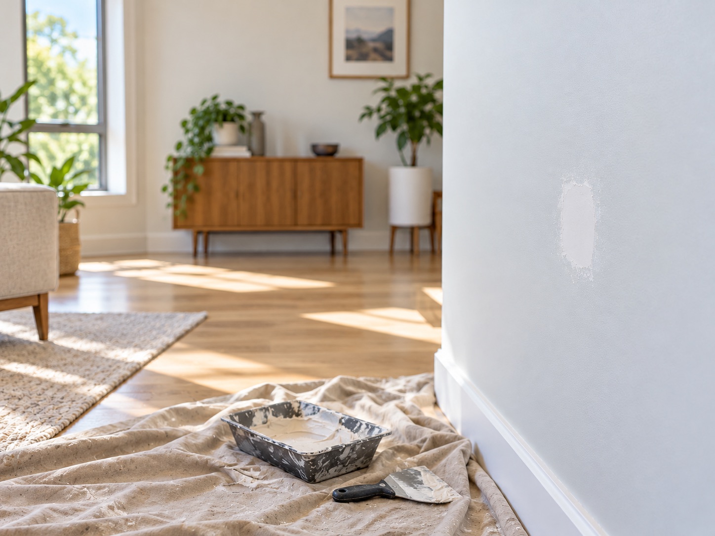 Drywall patching tools and a repaired wall